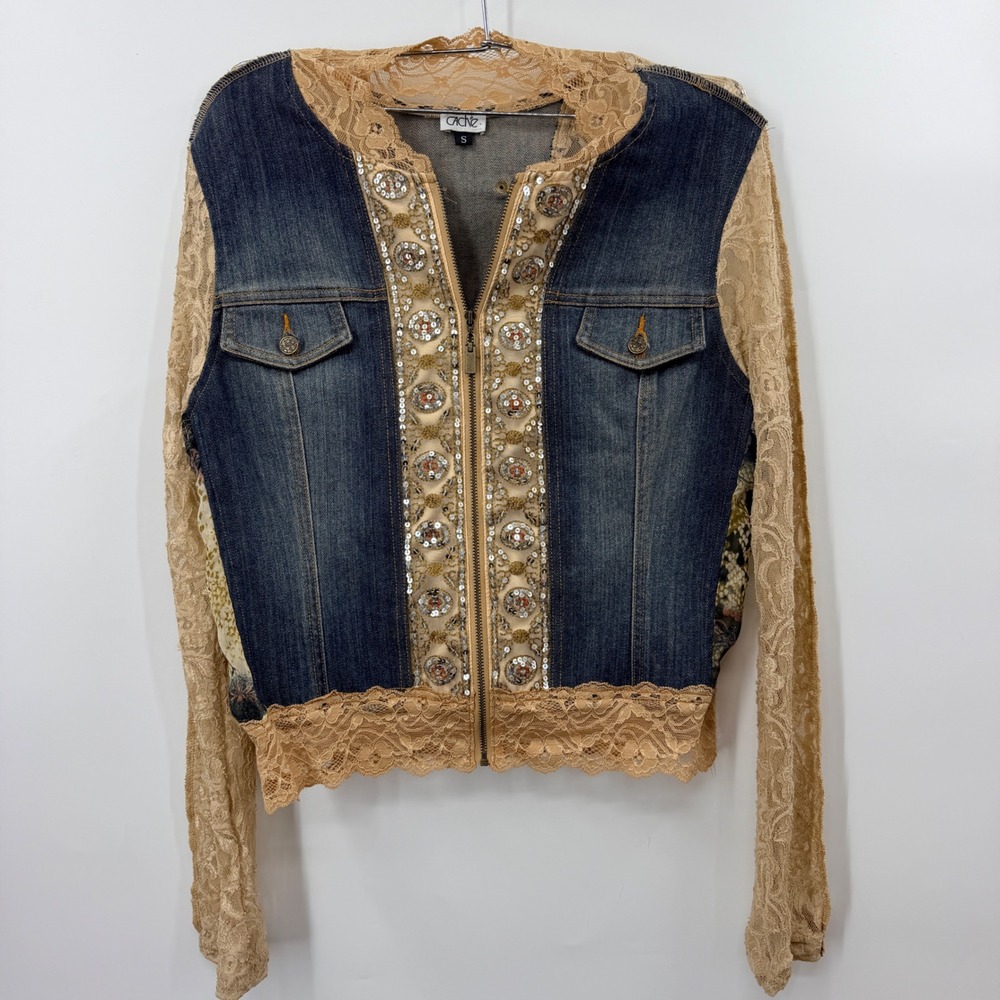 Cache Denim Lace Sequin Embellished Zip Up Jacket Small Blue Tan 7406M
